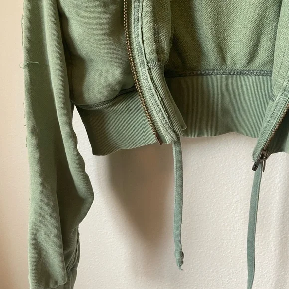 Free People Patchwork Cropped Hoodie Jacket Khaki Green - Picture 5 of 10